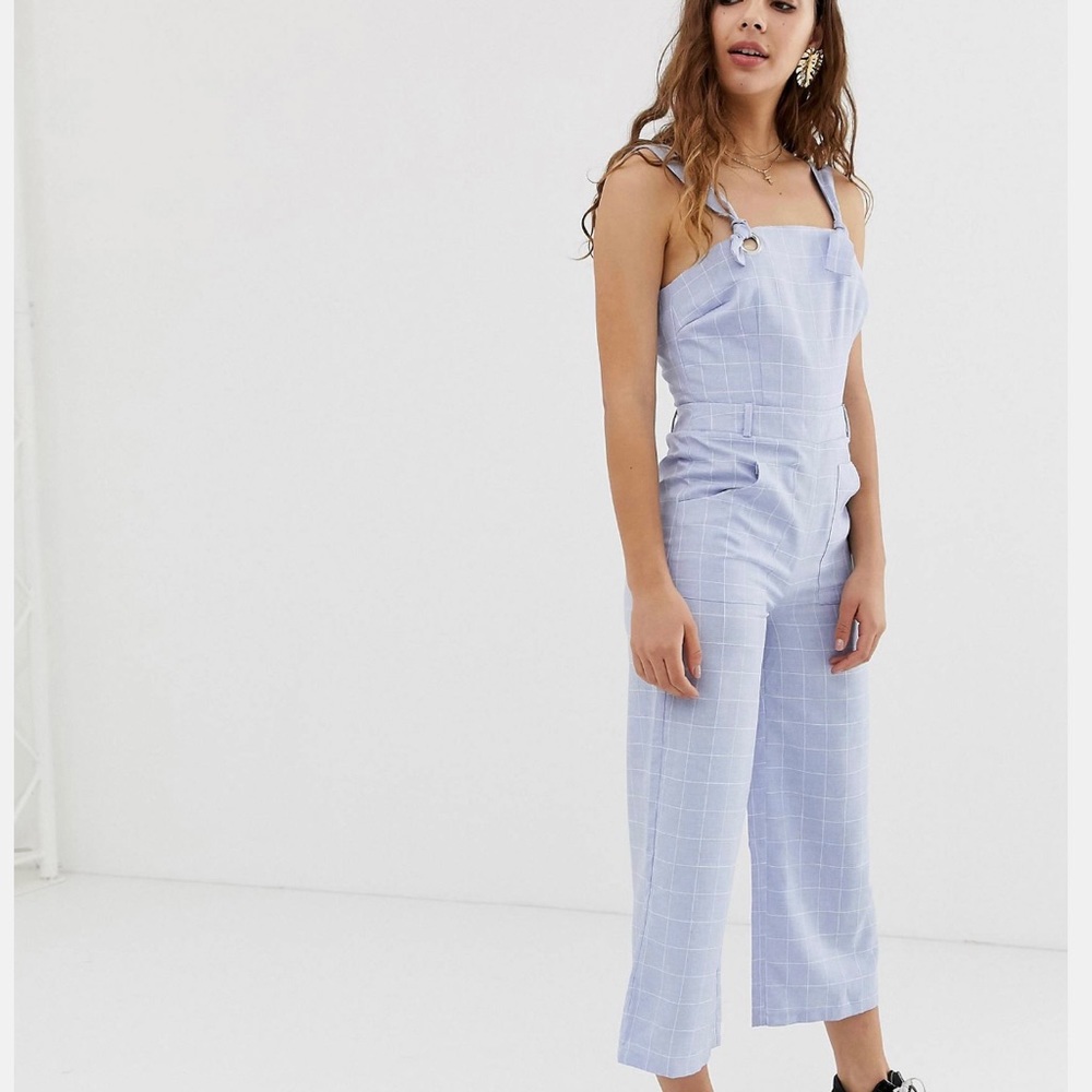 Glamorous/ASOS Light Blue Checked Tie Shoulder Jumpsuit